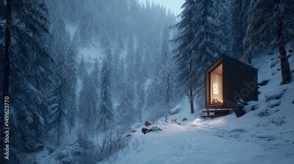 Obraz Winter Cabin Retreat Cozy solitude nestled in snowy mountain forest.