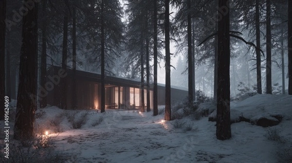 Obraz Winter Retreat Cabin Glow in Snowy Forest.