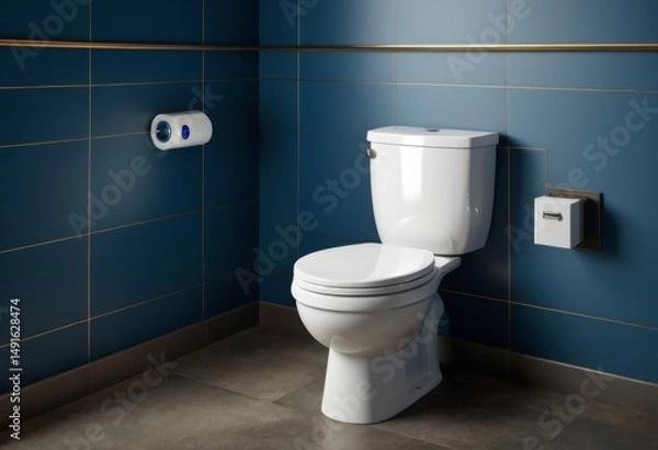 Obraz The blue bathroom has a toilet with a roll of toilet paper inside