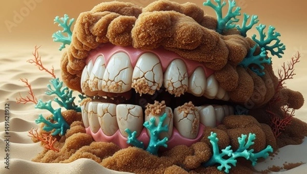 Fototapeta Dental calculus: teeth encrusted in sugar and coral