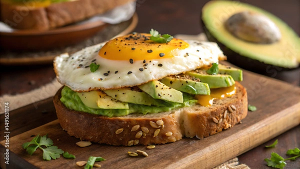 Fototapeta Avocado Toast with Sunny-Side-Up Egg – Healthy Breakfast Close-Up

