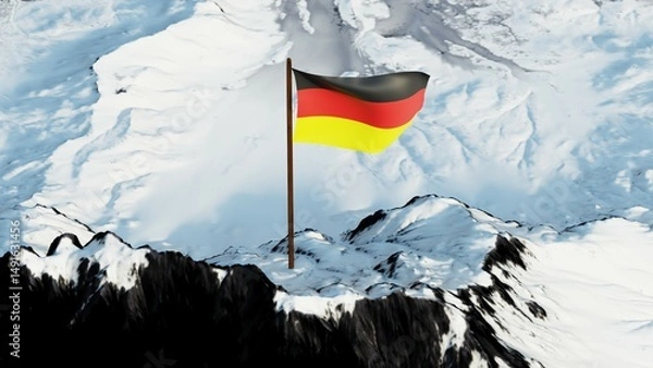 Fototapeta German national flag flying on a snowy mountain peak in 4K. A sharp, patriotic image symbolizing Germany's identity. Ideal for cultural, editorial, or educational use.

