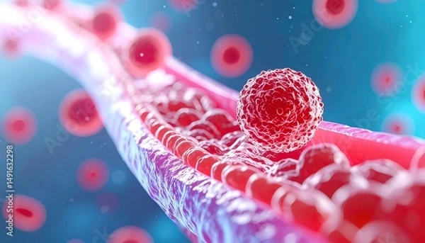 Fototapeta A detailed illustration of blood cells flowing through a blood vessel, showcasing the intricate biological processes within the human body