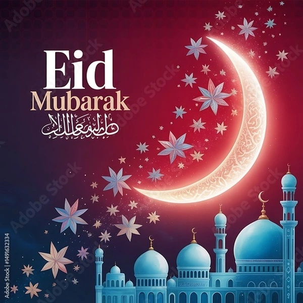 Fototapeta A merry Christmas and happy new year greeting card with a festive winter decoration of snow, snowflake, ball, tree, and gold star for the holiday celebration