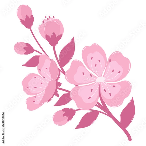 Obraz A Blooming Cherry Blossom Flower Branch. Flat and Simple Pink Sakura.