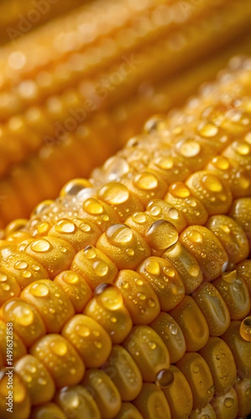 Fototapeta Close-Up of Fresh Corn Kernels with Water Droplets Macro Food Texture Photography

