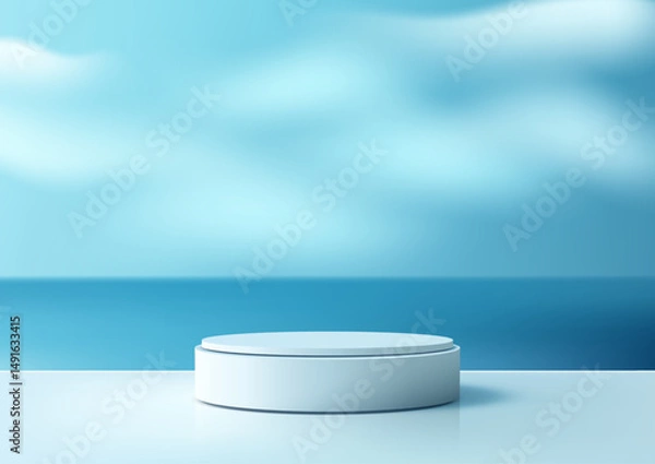 Fototapeta 3D white round platform on glossy surface with ocean sky background 3d minimal mockup product display showcase