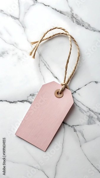 Fototapeta Minimalist Pink Tag with Rope on Marble Background Blank Label Mockup.
