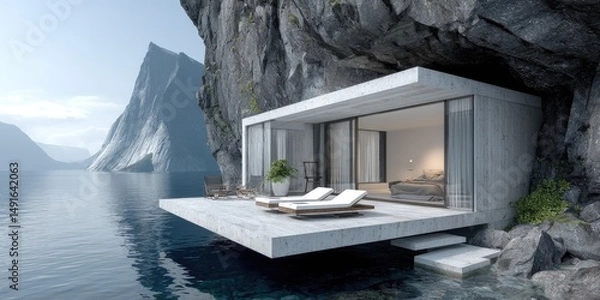 Fototapeta Cliffside Retreat Modern Cabin on a Serene Lake with Mountain Backdrop.