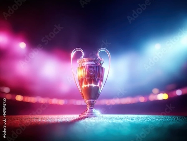 Fototapeta Epic Champions League Trophy Cinematic Metallic Achievement Visualization with Immersive Neon Lighting - Ultimate Sports Branding and Digital Performance Narrative