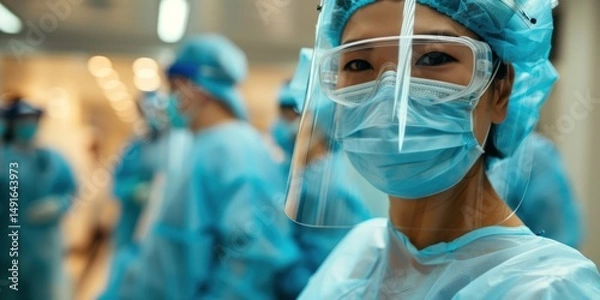 Fototapeta A healthcare worker in full PPE stands in a hospital corridor, wearing a face shield, mask, and gloves, with other healthcare workers in the background.