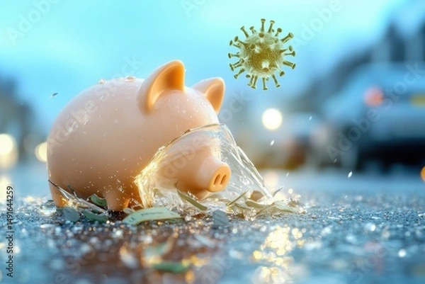 Obraz A piggy bank is shattered on the street with coins spilling out, while a virus particle hovers nearby, symbolizing financial impact.