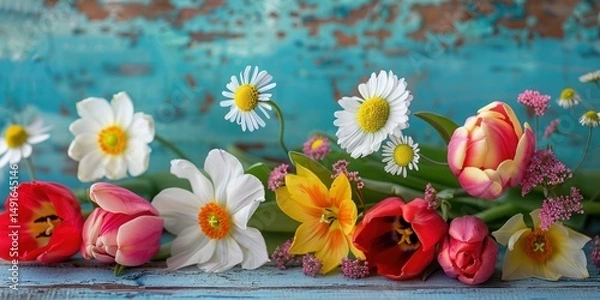Obraz A colorful bouquet of flowers, including tulips, daisies, and other flowers, arranged on a rustic, blue wooden surface with a weathered, peeling paint effect.