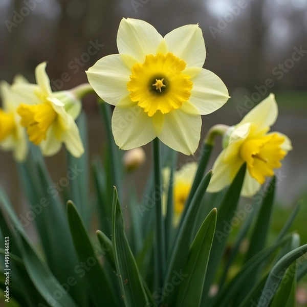 Obraz Capullos de flores de narciso en flor junto al lago en el parque
