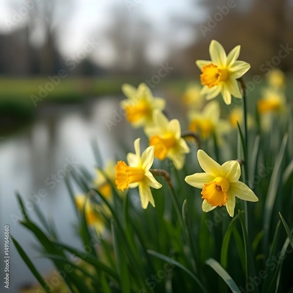 Obraz Capullos de flores de narciso en flor junto al lago en el parque