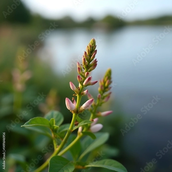 Obraz Capullos de flores de euforbia floreciendo en la orilla del lago del parque