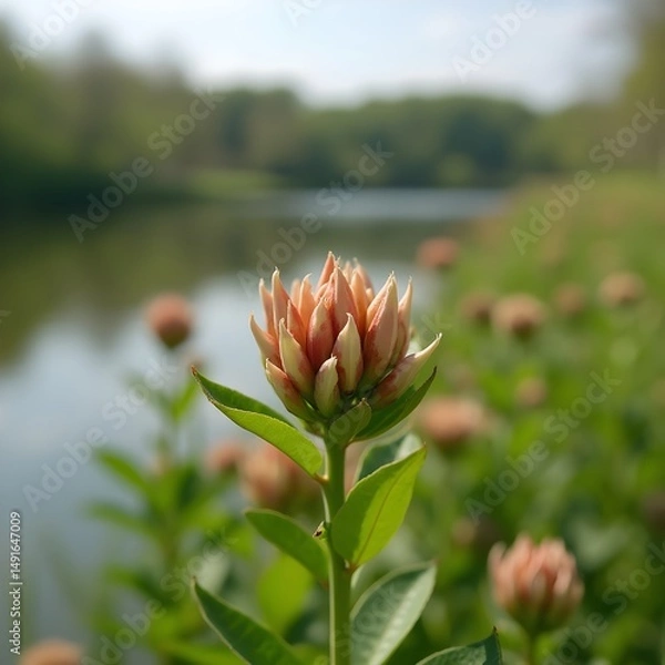 Obraz Capullos de flores de euforbia floreciendo en la orilla del lago del parque