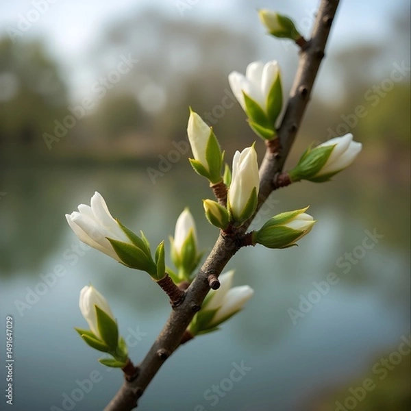 Obraz Brotes de flores de árbol de caucho floreciendo en la orilla del lago del parque