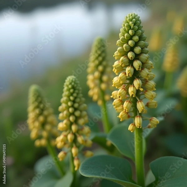 Obraz Capullos de flores de euforbia floreciendo en la orilla del lago del parque