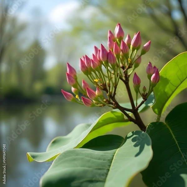 Obraz Brotes de flores de árbol de caucho floreciendo en la orilla del lago del parque
