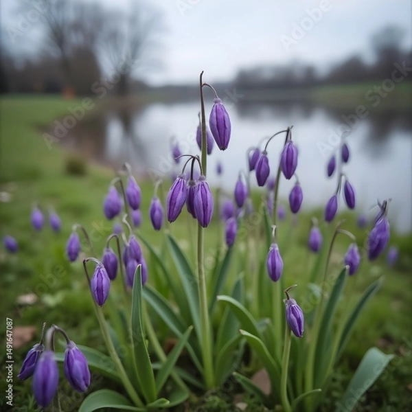 Obraz Capullos de flores violetas floreciendo en la orilla del lago del parque
