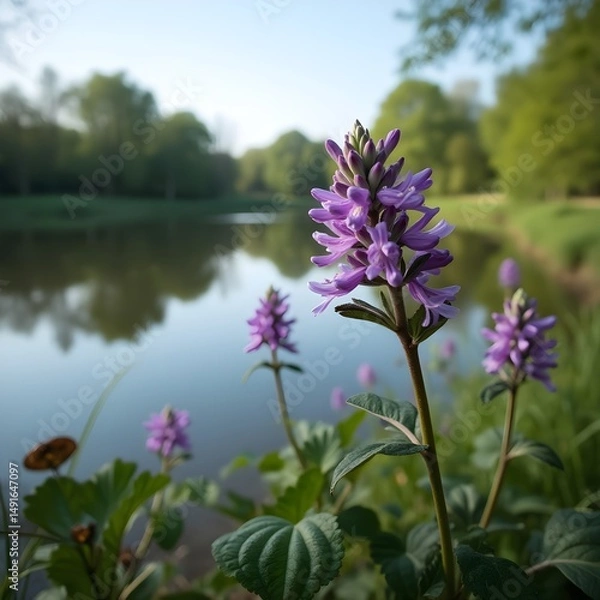 Obraz Capullos de flores violetas floreciendo en la orilla del lago del parque