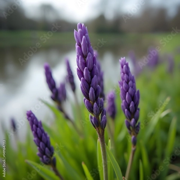 Obraz Capullos de flores violetas floreciendo en la orilla del lago del parque