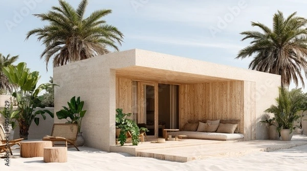 Obraz Beachfront Oasis Modern Sand House Retreat under Palm Trees.