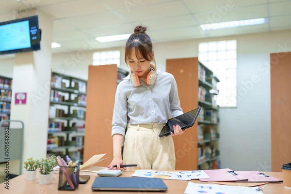 Obraz Asian Woman Student Studying with Tablet and Financial Charts in Library Asian Student with Laptop Doing Research for Educational Project Young Learner