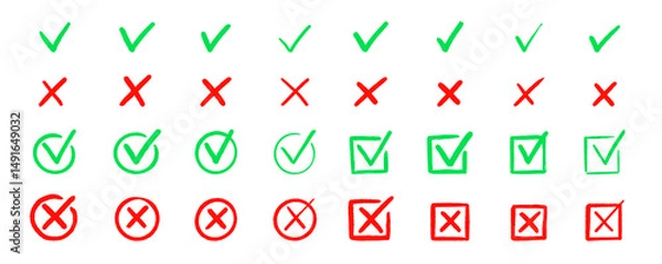 Fototapeta Check tick mark icon set. Cross box x check mark checkbox v list vector draw hand drawn sketch doodle brush marker checklist symbol wrong right circle. Vector Illustration