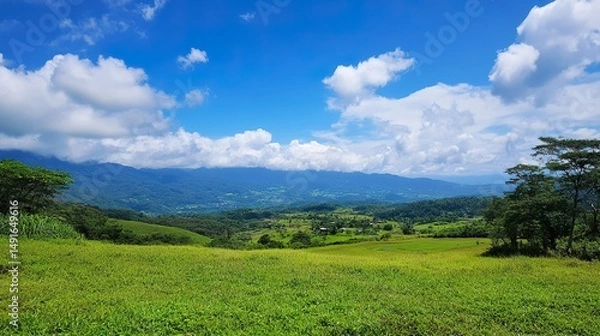 Obraz summer landscape with green grass and clouds