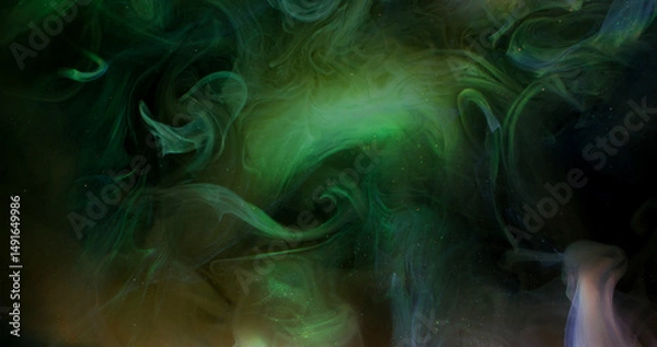 Fototapeta Mist art explosion. Fume blend. Green fantasy spiral swirl haze mix color cloud curl dye flow on defocused black abstract background.