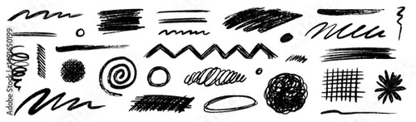 Fototapeta Pencil brush crayon marker chalk texture line stroke element set. Hand drawn crayon pencil brush stroke texture line charcoal shape. Chalk scratch hand drawn style background. Vector illustration