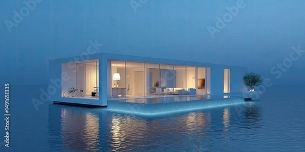 Obraz Modern houseboat villa floating on water at twilight.