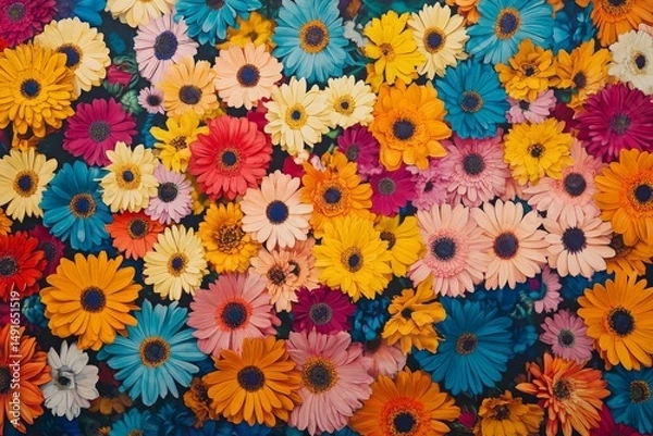 Obraz A colorful bouquet of gerbera daisies in various colors, including yellow and orange, pink and red, and blue and white, is neatly arranged together to create an eye-catching floral background.