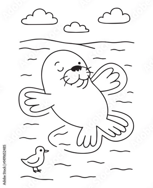 Fototapeta Coloring book walrus floats on the water near a small bird under fluffy clouds