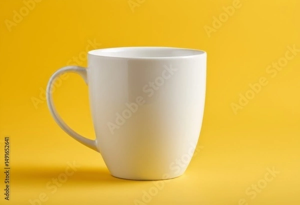 Fototapeta There is a white coffee cup on a yellow background