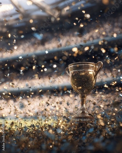 Fototapeta Golden Trophy Stands Amidst Shower of Confetti Symbolizing Victory and Achievement in Stadium Setting Close Up