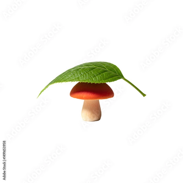 Fototapeta Mushroom sprouting with red cap and white stalk in a cheerful mood.