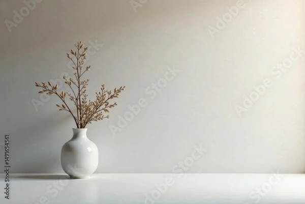 Fototapeta Serene Minimalist Still Life Dried Blooms in a White Vase against a Neutral Background
