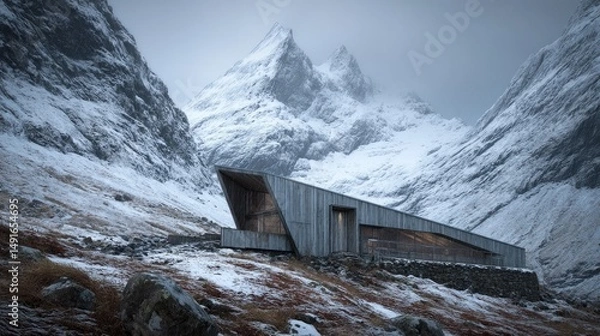 Obraz Mountain Cabin Retreat Snow Peaks and Modern Architecture.