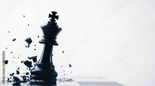 Fototapeta A black chess king piece shattering against a white background, symbolizing defeat or change