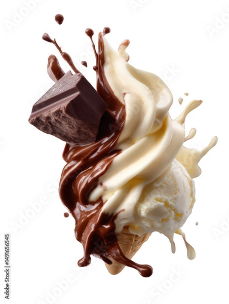 Fototapeta Vanilla ice cream cone with chocolate splash  isolated on white background.png isolated on transparent background 