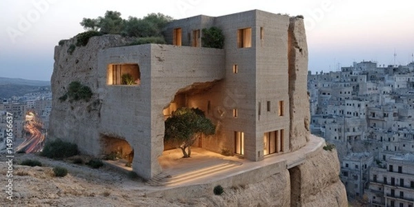 Obraz Cliffside Residence Carved architecture blending nature and urban views.