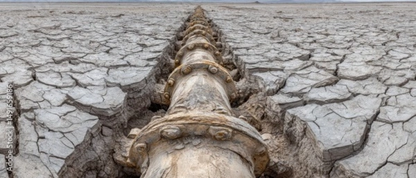Fototapeta Arid Landscape with Pipeline Stretching to Horizon in Extreme Heat and Drought Conditions at Low Angle