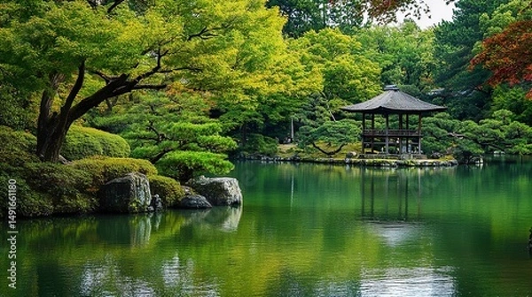 Obraz japanese garden with pond and trees
