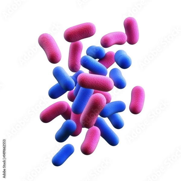 Obraz Close-up of colorful bacteria or probiotic microorganisms in pink and blue, magnified view of single-celled organisms for scientific research and microbiology studies