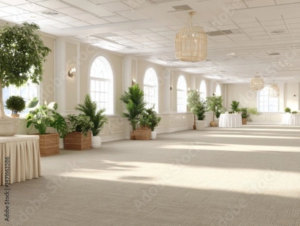 Obraz Elegant ballroom interior with lush plants and natural light showcasing event space design and neutral color palette