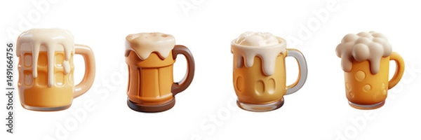 Fototapeta Four 3D Rendered Beer Steins with Frothy Head Overflowing Perfect for Oktoberfest or Brewery Ads