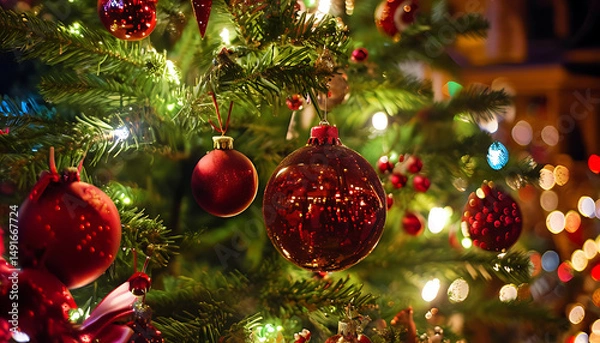 Obraz christmas tree decorated with lights and ornaments